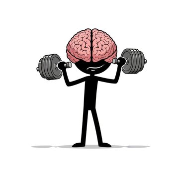 Brain lifting weights cartoon character.