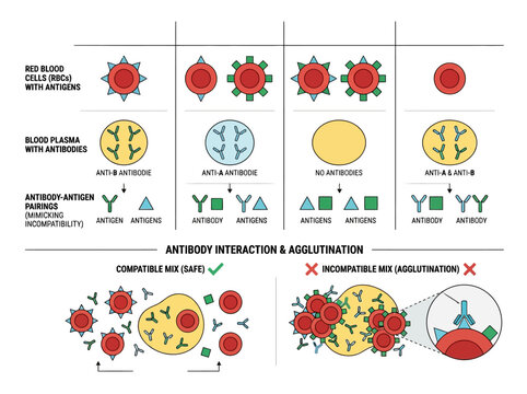 Explanatory infographic illustrating human blood group compatibility, antibody-antigen interaction, and agglutination process in transfusions.
