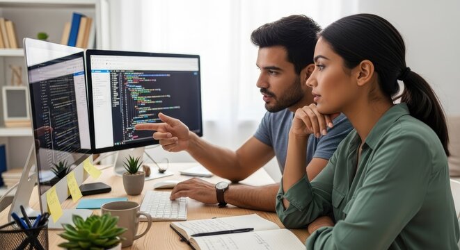 A man and a woman are collaborating on coding. They are intently focused on a computer screen displaying code.