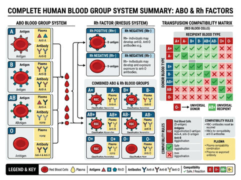 Detailed Infographic Summary of Human Blood Group Systems: ABO, Rh Factors, and Transfusion Compatibility Explained Visually.