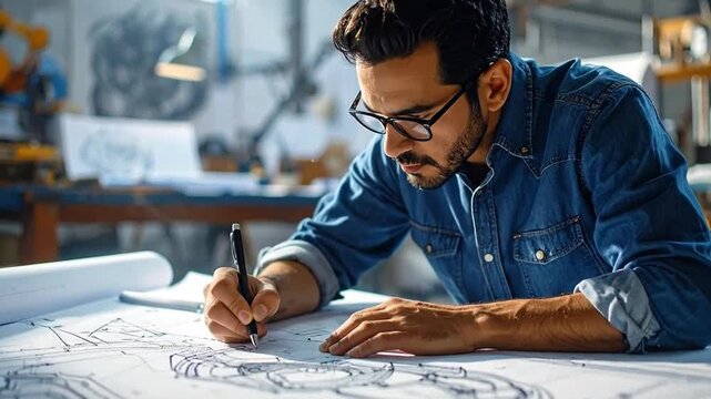 Focused engineer meticulously drafting technical blueprints with precision in a bright workshop.