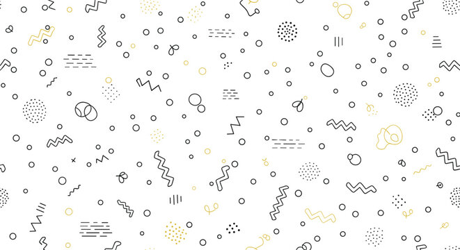 Abstract memphis style seamless pattern with various black and yellow geometric shapes and squiggles on a white background.