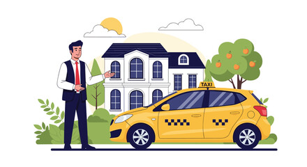 Naklejka premium Professional taxi driver standing next to a yellow car in front of a white luxury house with an apple tree in the garden.