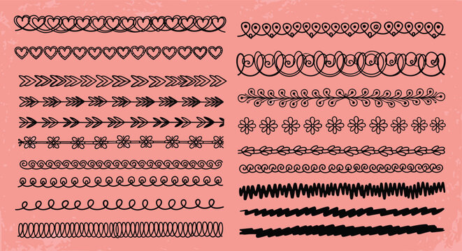Set of decorative hand drawn borders and dividers including hearts, flowers, swirls, and dashed lines on a pink background.
