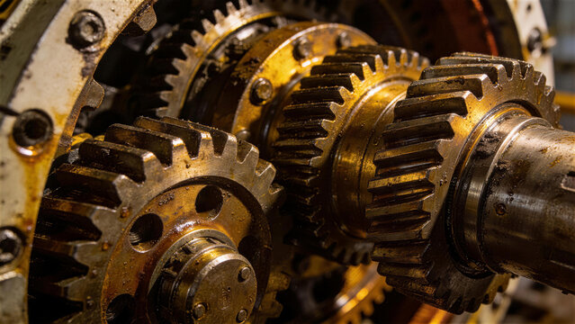 Intricate Gear System: A close-up shot of a complex industrial gear mechanism, showcasing the interworking components, metallic textures, and precision engineering. 