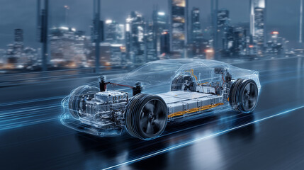 Electric Car Innovation: A futuristic electric car is depicted with an ethereal, transparent design showcasing its advanced technological components as it moves through a city at night.
