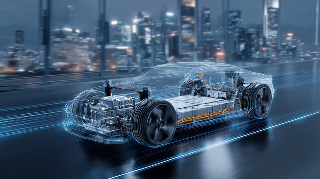 Electric Car Innovation: A futuristic electric car is depicted with an ethereal, transparent design showcasing its advanced technological components as it moves through a city at night.