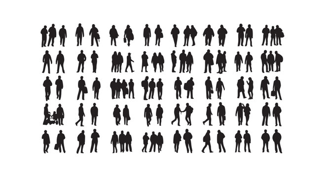 Silhouettes of people walking and standing in groups, vector illustration.