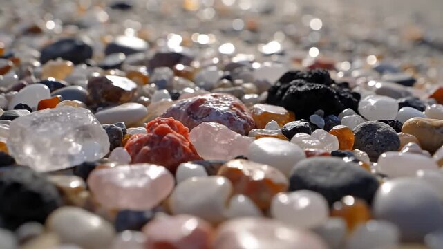 This shows a close-up view of a sparkling clear gemstone nestled among colorful pebbles on a sunny beach. The gemstone glimmers in the light, surrounded by a variety of smooth, rounded stones in