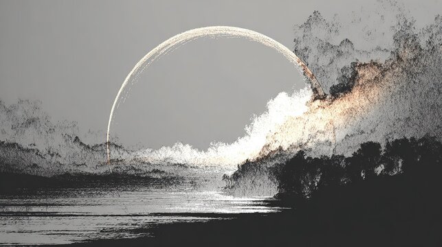 Grayscale atmospheric grainy background, large dark circular object on right edge with luminous white outline, horizontal elongated dark shape stretching across frame, light gray field with subtle dar