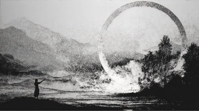 Grayscale atmospheric grainy background, large dark circular object on right edge with luminous white outline, horizontal elongated dark shape stretching across frame, light gray field with subtle dar