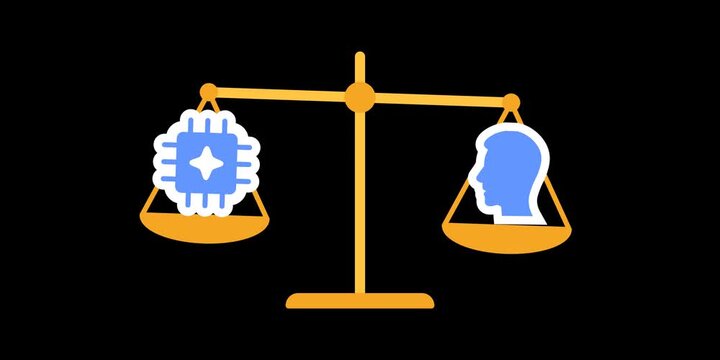 Balance scale symbol. AI chip on one side and human figure on opposite side. Decision weight comparison concept scene. Clean interface element detail. Looping scale tilt motion animation.