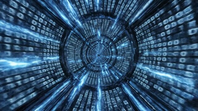 Seamless looping animation through a futuristic digital tunnel with glowing blue data streams and binary code representing high speed fiber optic internet connection and global big data transfer