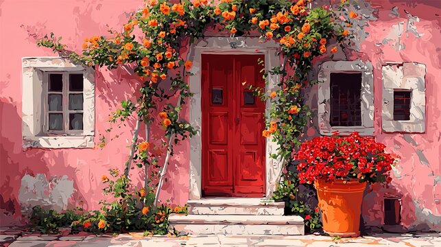Pink cottage oil painting orange roses on front wall red entrance white window frames large planter bright red blossoms warm digital creation