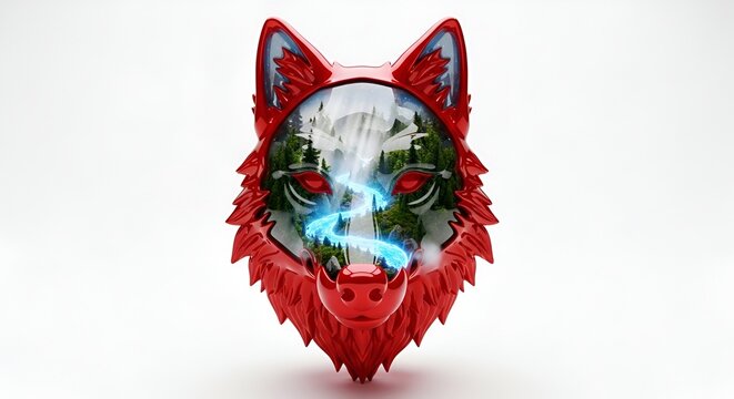 A vibrant red wolf mask with a scenic landscape reflected in its face