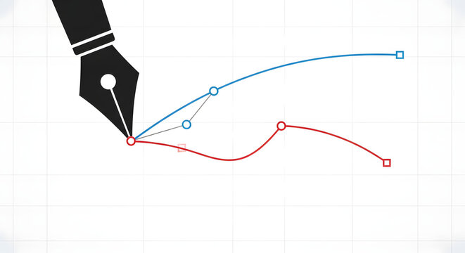 Illustration of a fountain pen creating a path with nodes and handles on a grid background, symbolizing design and creation