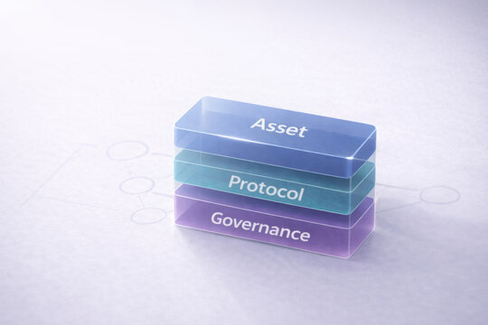 Blockchain asset protocol governance stack layer technology food tech alternative proteins concept with layered blocks white background