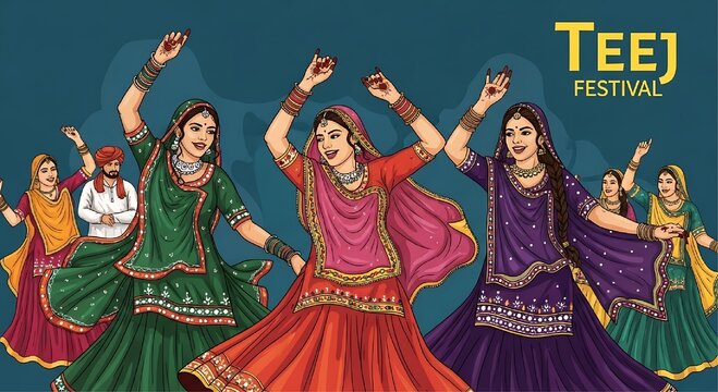 A group of women in vibrant traditional Indian dresses dance with raised arms during a festive celebration against a dark blue textured backdrop.