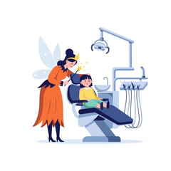 The Tooth Fairy visits a child in a dental chair, bringing magic and comfort.