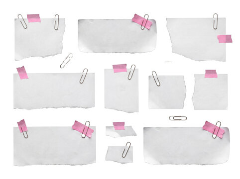 Assorted blank ripped white paper pieces, secured with pink adhesive tape and metallic paper clips.