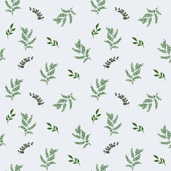 Fototapeta premium Soft Blue Seamless Pattern with Various Green Ferns and Leaves