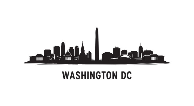 Washington dc skyline silhouette illustration with city buildings and famous landmarks.
