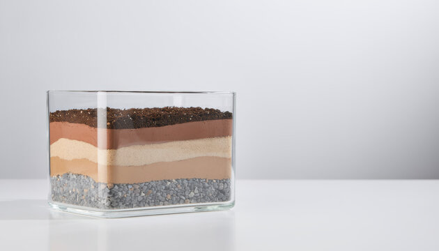 Terrarium glass soil sand gravel layer garden planting concept with layered substrate in clear container on white background