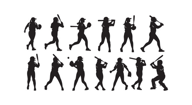 Women softball players in action batting pitching catching and running isolated on white background.