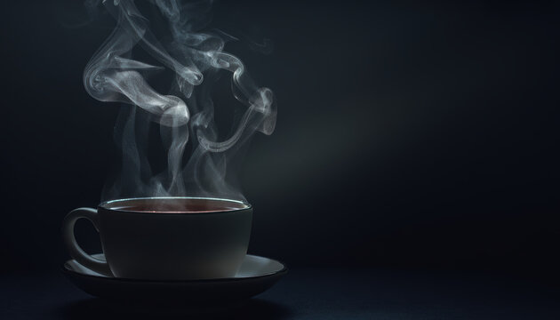 Coffee cup steam hot drink dark background Coffee cup steam hot drink dark background passage time balance moments life calm