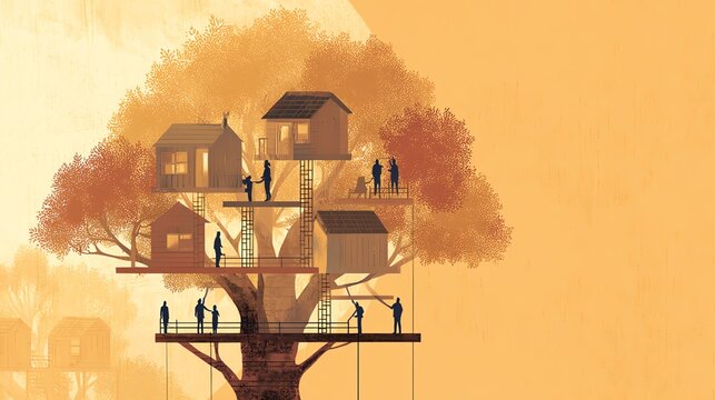 Stylish treehouses in a vibrant sunset scene.