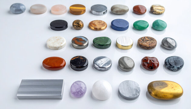 Rare earths mining sustainability concept, polished mineral stone sample on white surface for geology collection and responsible sourcing