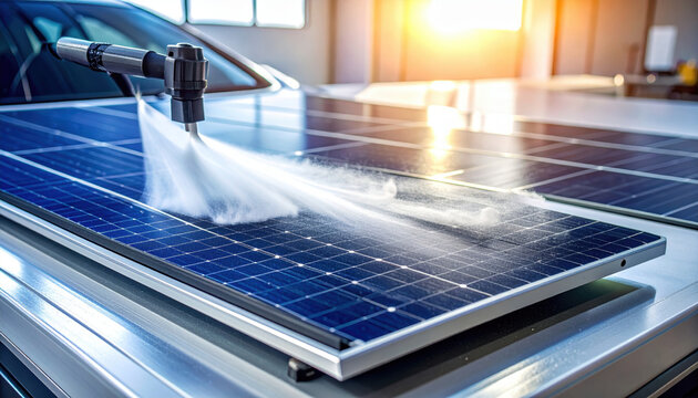 Solar panel cleaning vehicle technology water spray maintenance solar panel cleaning vehicle roof with water spray maintenance