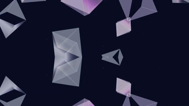 An abstract geometric design with a dark blue (navy) background that gives the impression of space depth or a digital dimension. The main elements consist of various shapes such as octahedrons