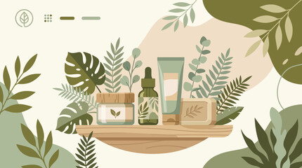 Fototapeta premium Illustration of Skincare Products and Botanical Greens Arranged on a Wooden Tray.