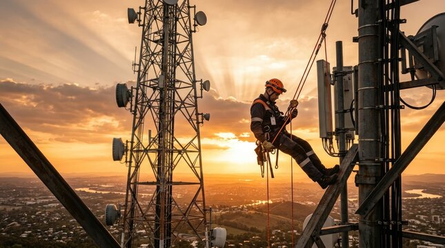 A worker is climbing a tall cell tower during sunset. He is secured with a safety harness and rope.