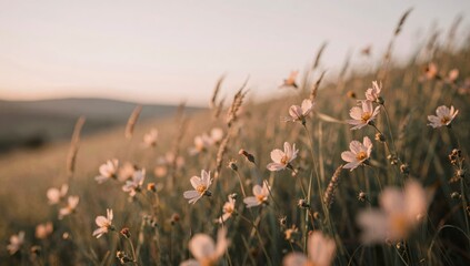 Fototapeta premium Soft focus landscape of wild cosmos flowers swaying in breeze on grassy hillside during golden hour sunset creating dreamy romantic atmosphere for nature photography and peaceful environment concept