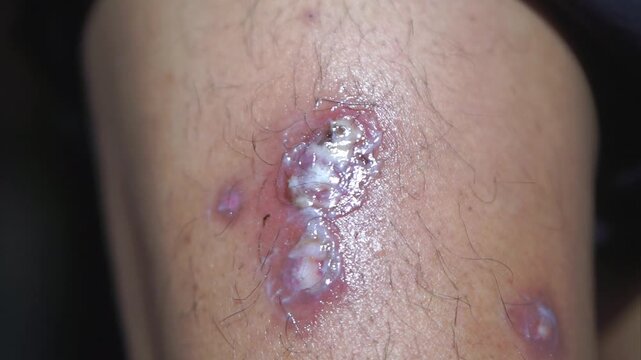 Detailed image of a slightly purulent and itchy leprosy skin infection on a human leg with redness and skin tissue damage, a serious skin disease infection and its medical treatment.
