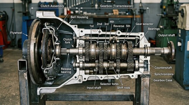 A technician examines a disassembled manual transmission in a workshop.