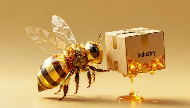 Mechanical bee robot carrying small cardboard package labeled industry with dripping golden honey in high-tech 3D render concept for automated logistics and sustainable manufacturing