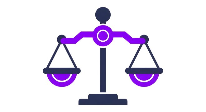 Balanced scales icon in purple and navy blue vector illustration