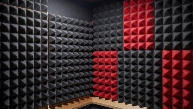 Corner view of modern recording studio wall covered with acoustic soundproof foam panels in black and red colors