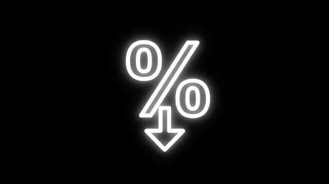 Animated White Percent Down Line Icon Featuring a Decreasing Trend and Financial Reduction Symbol on a Solid Black Background for Business Data Visualization in 4K Resolution
