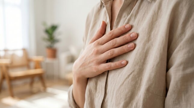 Close up of a person's hand placed over their heart representing gratitude relief or health concern indoors