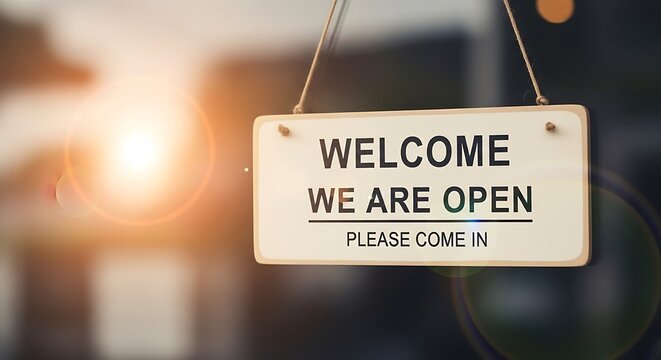 Welcome sign hanging with text we are open for business hours