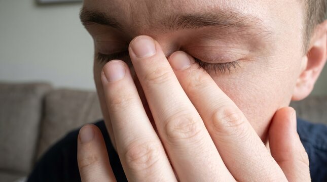 Close up view of a man covering his eyes and face with fingers showing symptoms of fatigue or headache.