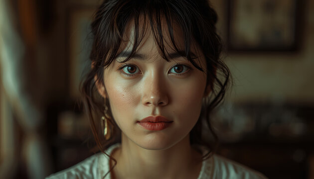 Soft warm portrait of young woman with neutral expression in subdued interior