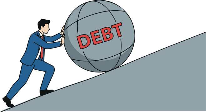 Businessman Struggling to Push Debt Ball Up a Steep Hill