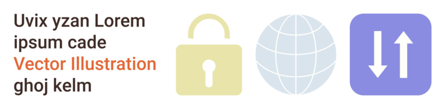 Cybersecurity, online protection, data privacy, global communication, network security, information exchange. Padlock, globe and up-down arrows. Cybersecurity and data privacy