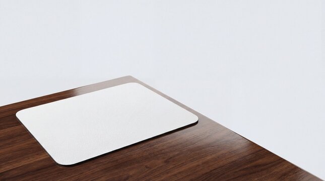 Blank rectangular mouse pad on a wooden table with empty wall background