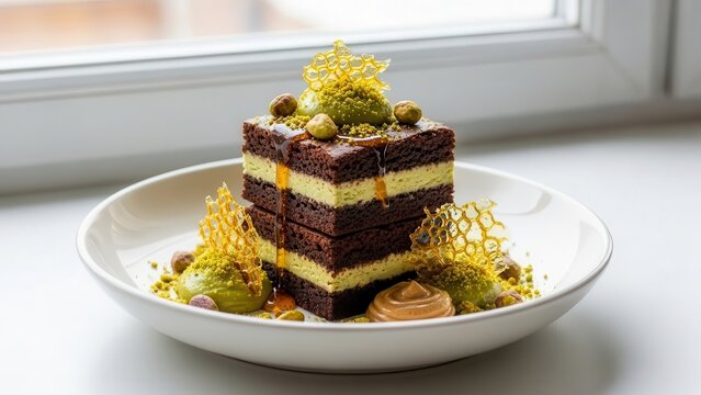 Layered chocolate and pistachio cake dessert with honeycomb tuile and caramel drizzle